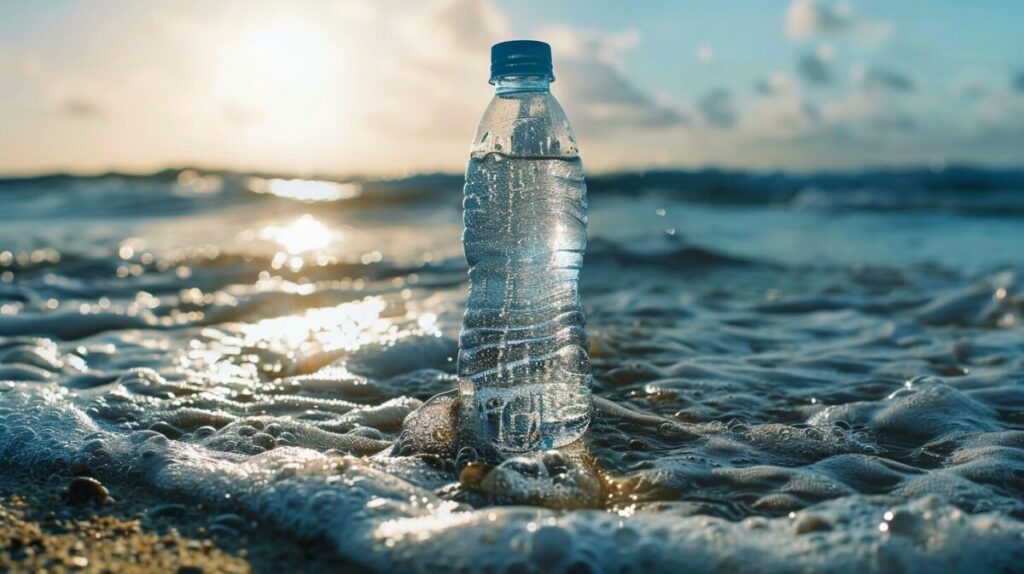 海で波に打たれる500mlの水がはいったペットボトル