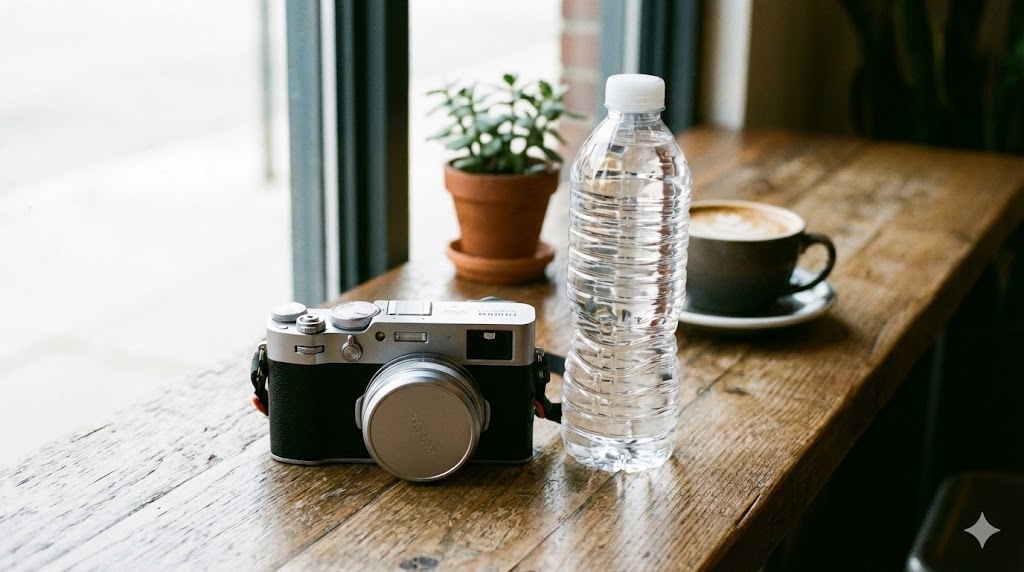 FUJIFILM X100VIとペットボトルを並べて大きさを比べている 