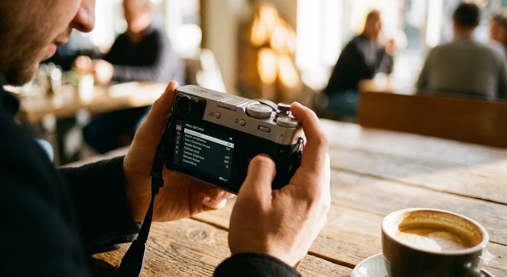 FUJIFILM X100VIの設定を、画面を見ながら色々と変えている様子 