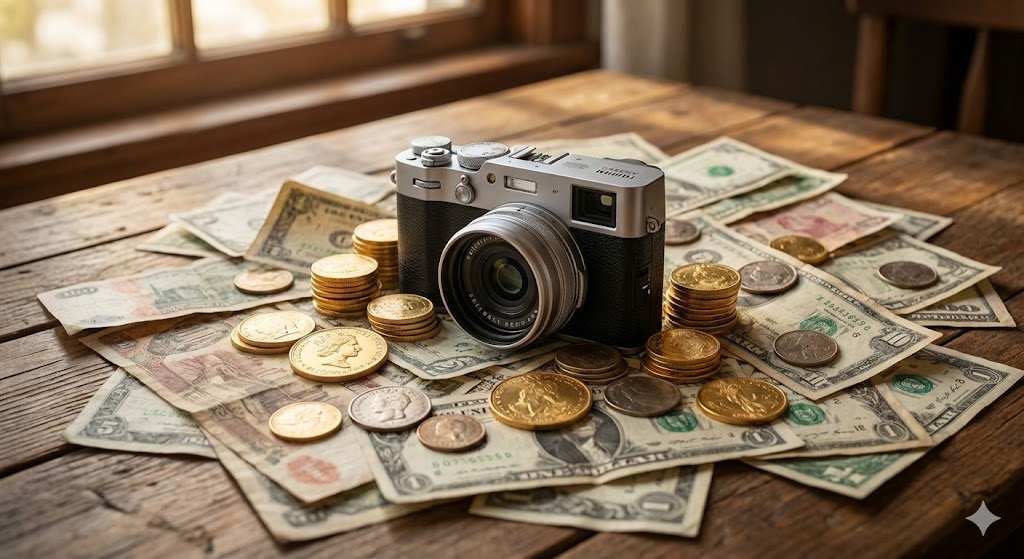 FUJIFILM X100VIの周りに沢山の紙幣や金貨が置いてある様子 