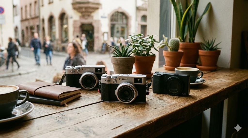 FUJIFILM X100VIを中心に、その両側にX100V・GR IIIが置かれている 